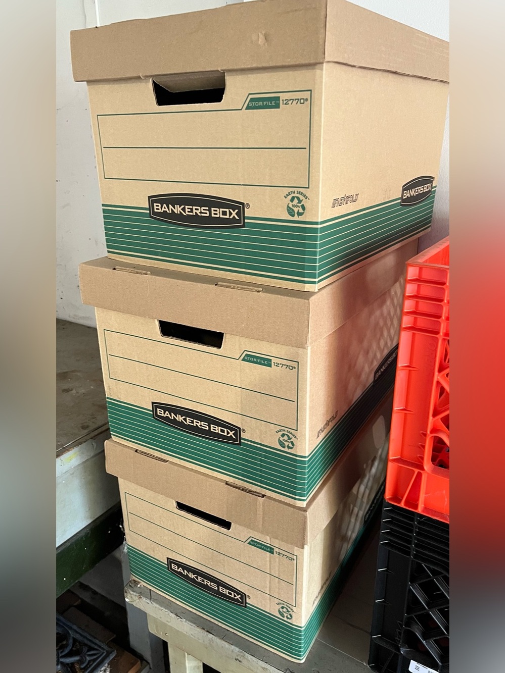 ONE Cardboard File Storage Box - Natural Brown with Green Stripe